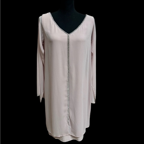 FRANK LYMAN DESIGN FORMAL WEDDING SILVER RHINESTONE BLUSH PINK MIDI DRESS SZ 10 - Picture 2 of 10